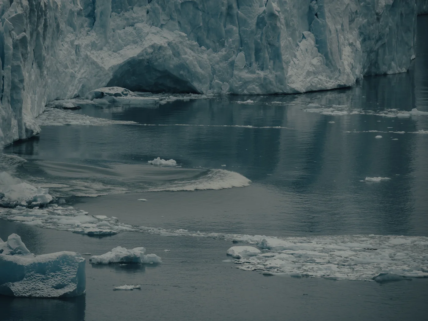 Icebergs drifting in calm glacier lake water